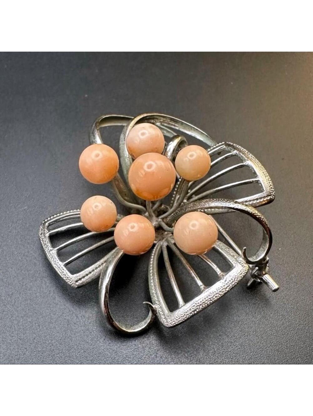 Vintage Floral Spray Silver Stamped Brooch with Angel-skin Coral Pearls